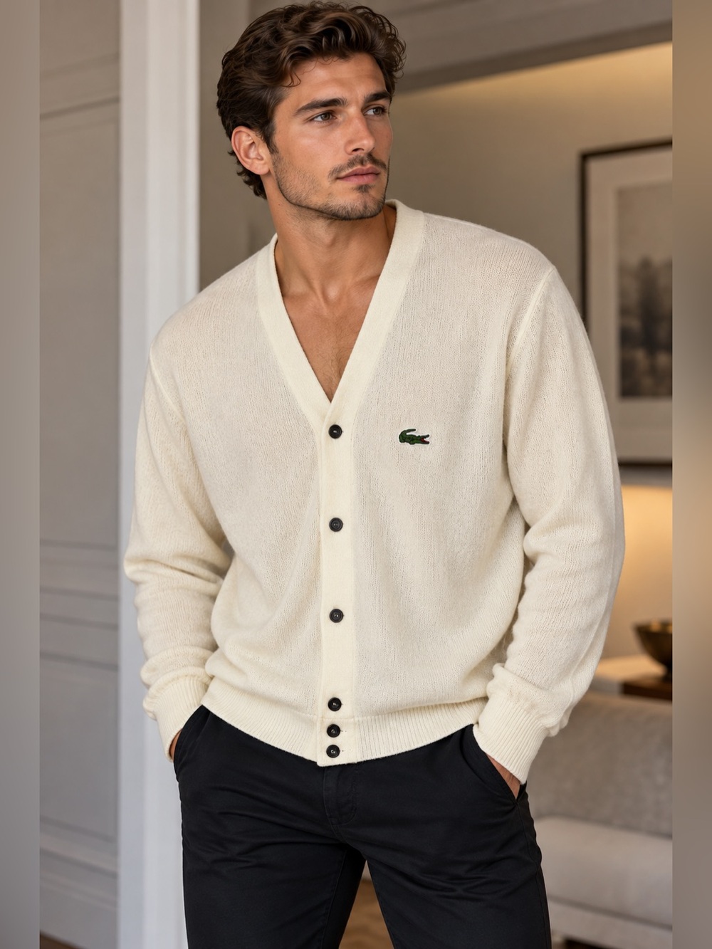 Vintage Lacoste IZOD Men’s Large Ivory Button Front Cardigan Sweater Crocodile L
